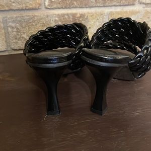 Black heeled open back/toe mules size 6